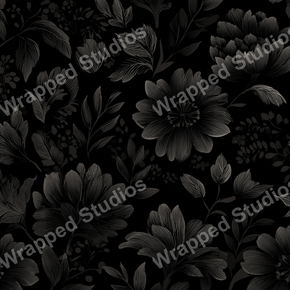 Monochrome floral pattern with dark gray flowers and leaves on a black background.