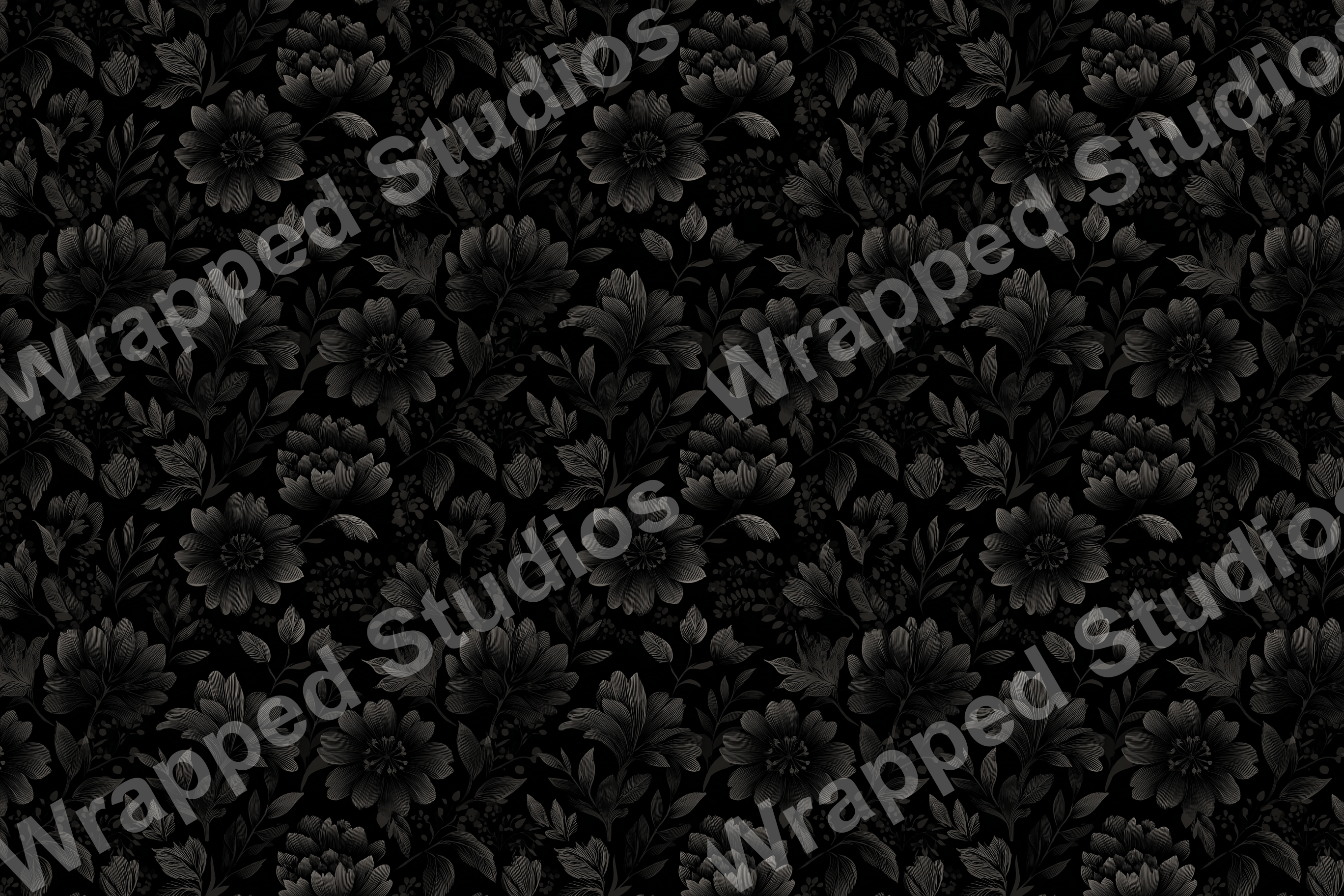 Monochrome floral pattern with elegant black botanical illustrations on a dark background.