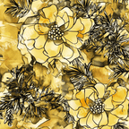 Seamless watercolor floral pattern with yellow blossoms and black foliage.