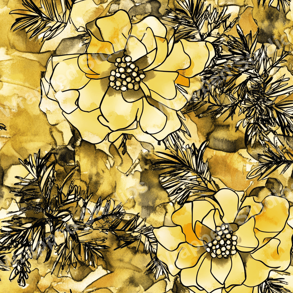 Seamless watercolor floral pattern with yellow blossoms and black foliage.