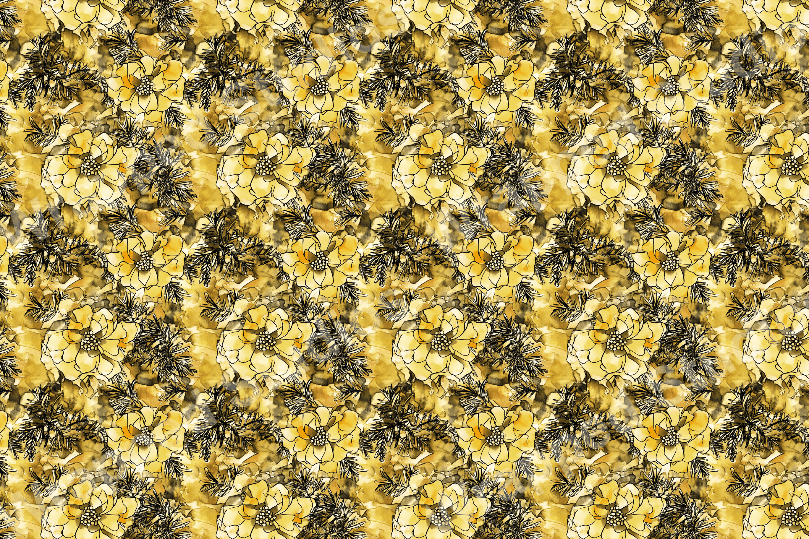Monochrome yellow floral pattern with pine sprigs and abstract watercolor shapes.