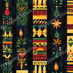 Abstract botanical pattern with vases, flowers, and geometric shapes in red, green, and gold on a dark background.