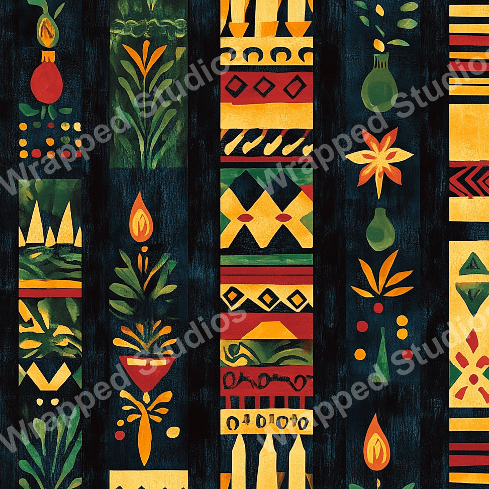 Abstract botanical pattern with vases, flowers, and geometric shapes in red, green, and gold on a dark background.