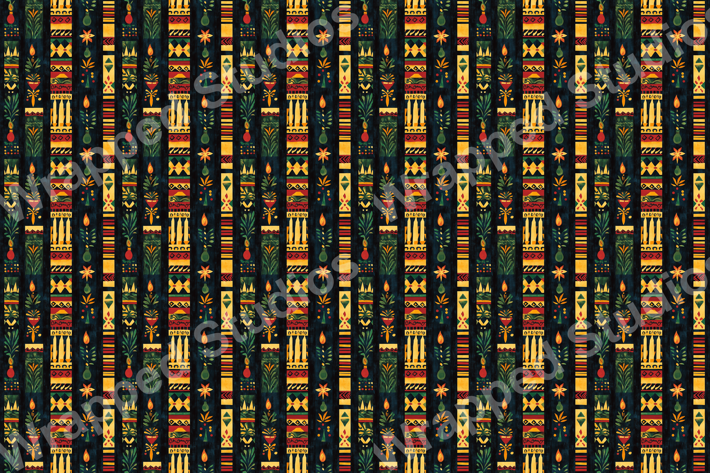 Vertical stripes of stylized florals and geometric shapes in red, yellow, and green on a dark background.