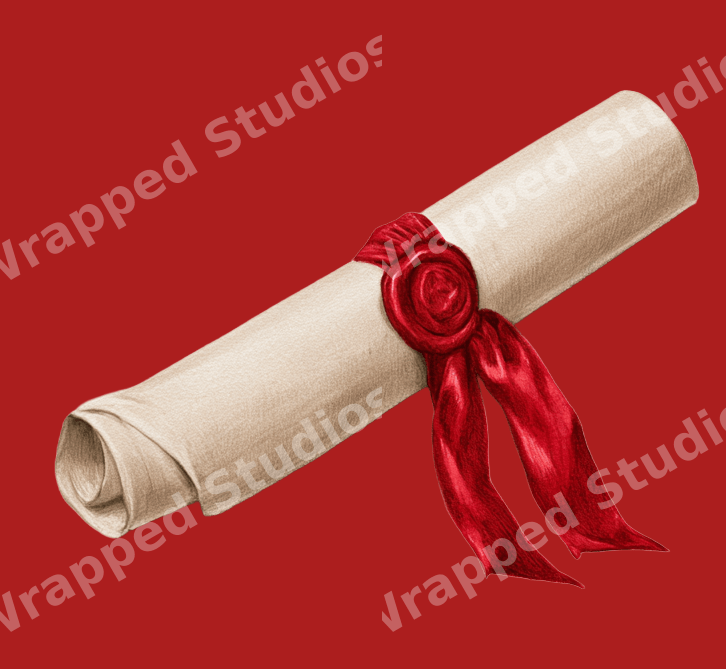 Vintage parchment scroll illustration with a red wax seal on a bold red background.