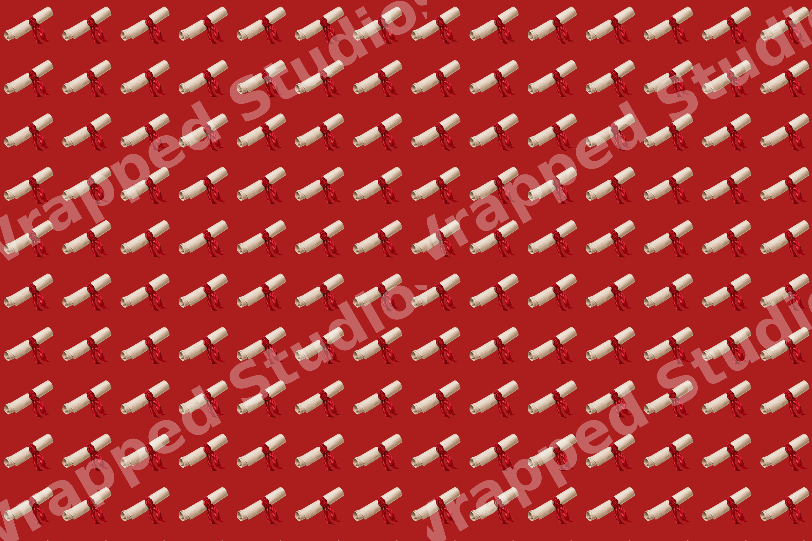 Seamless graduation pattern featuring cream diploma scrolls with red ribbons on a dark red background.