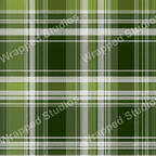 Olive green plaid pattern with stitched white stripe accents.