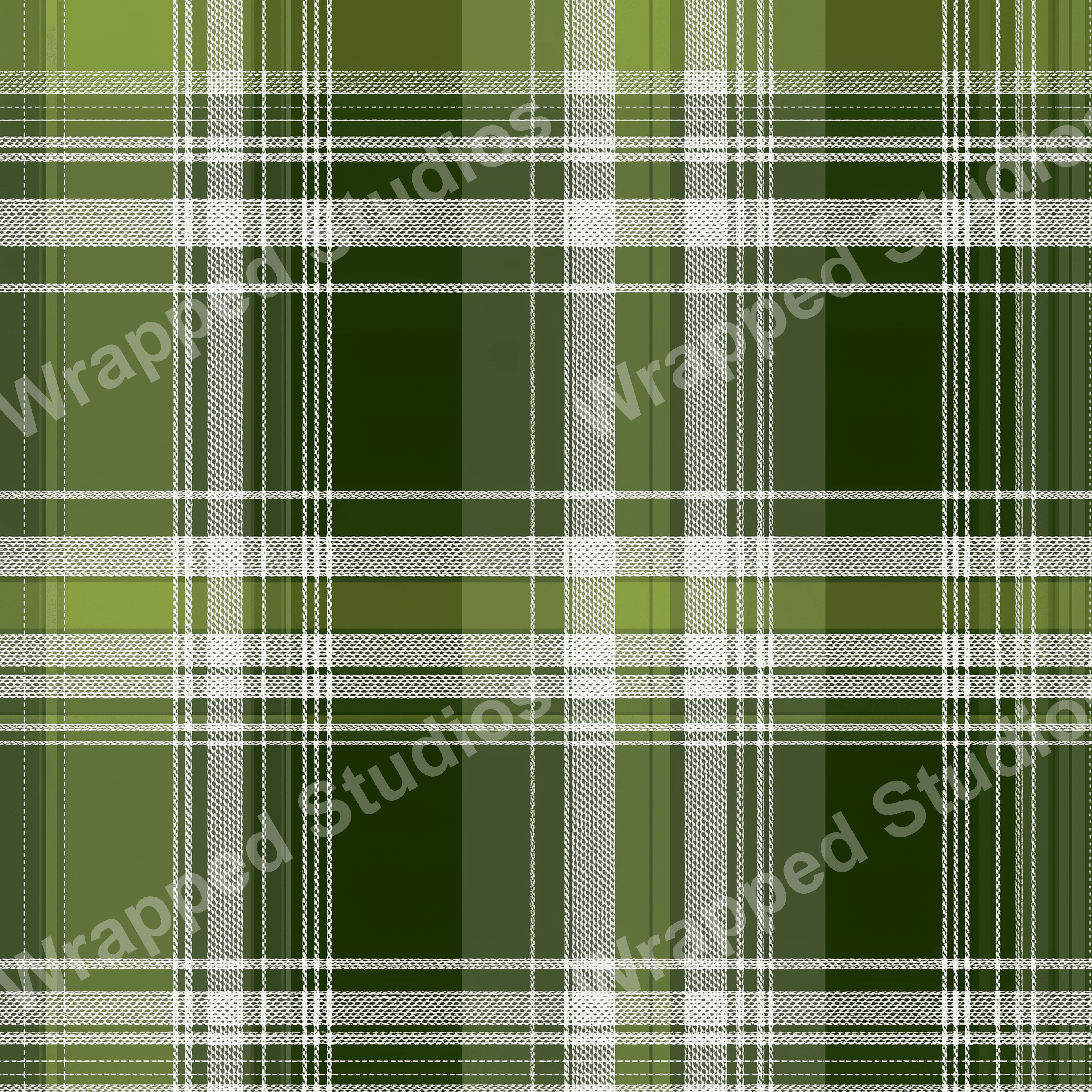 Olive green plaid pattern with stitched white stripe accents.