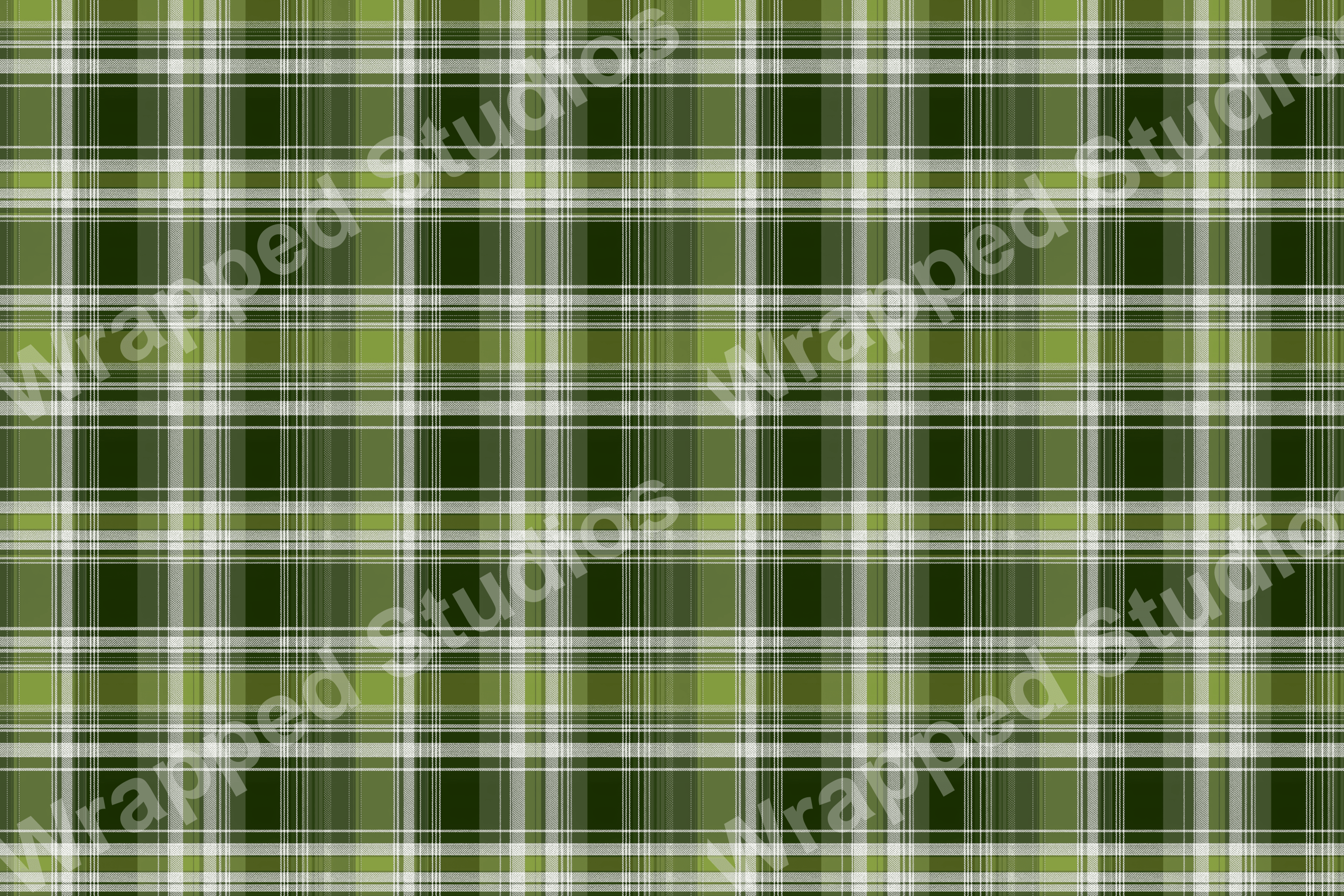 Classic tartan pattern with green, olive, and white stripes.