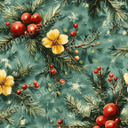 Vintage floral pattern with pine boughs, red berries, snowflakes, and yellow flowers on a teal background.