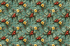Vintage-style holiday pattern with pine boughs, red berries, and yellow florals on a teal background.