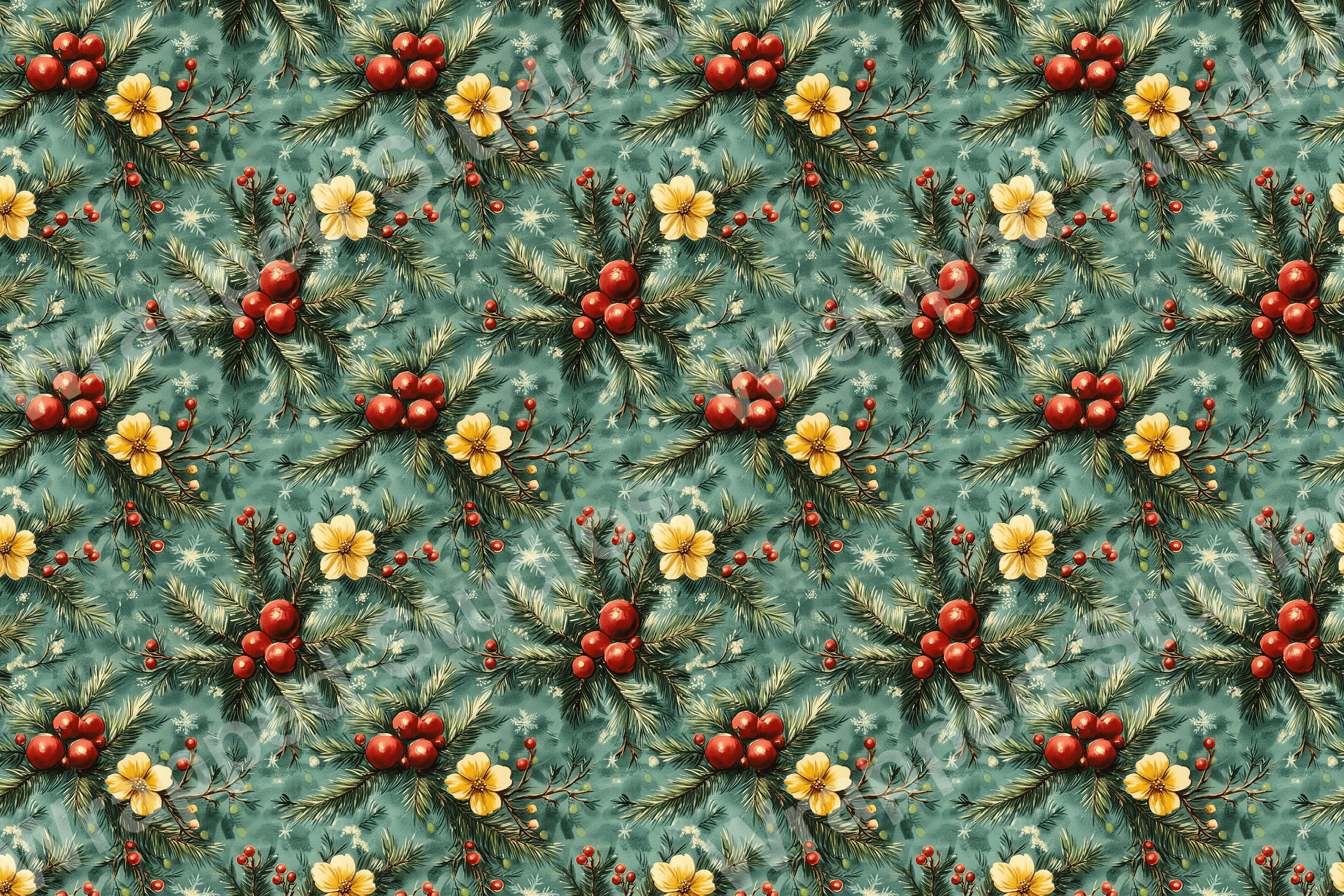 Vintage-style holiday pattern with pine boughs, red berries, and yellow florals on a teal background.