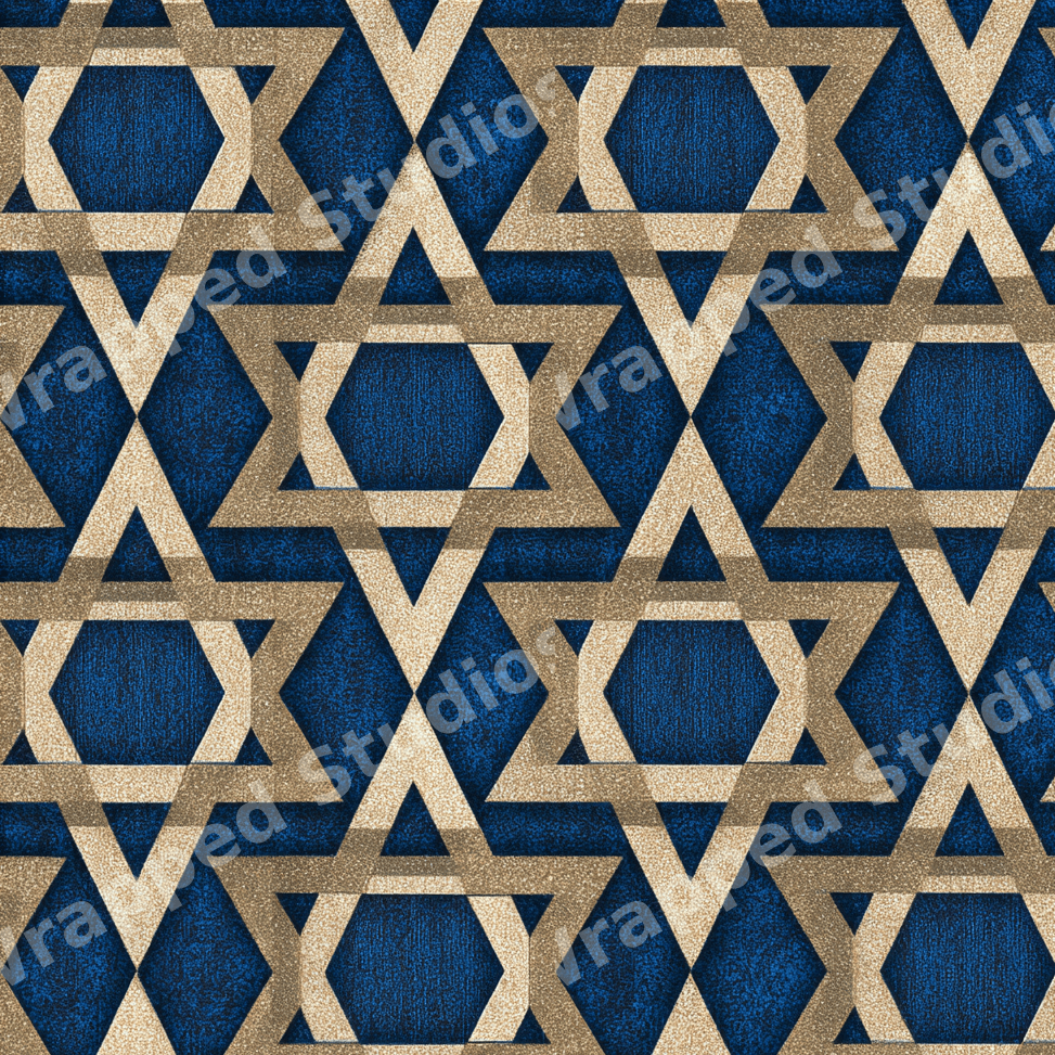 Elegant Hanukkah geometric pattern featuring textured gold Stars of David on a deep blue background.