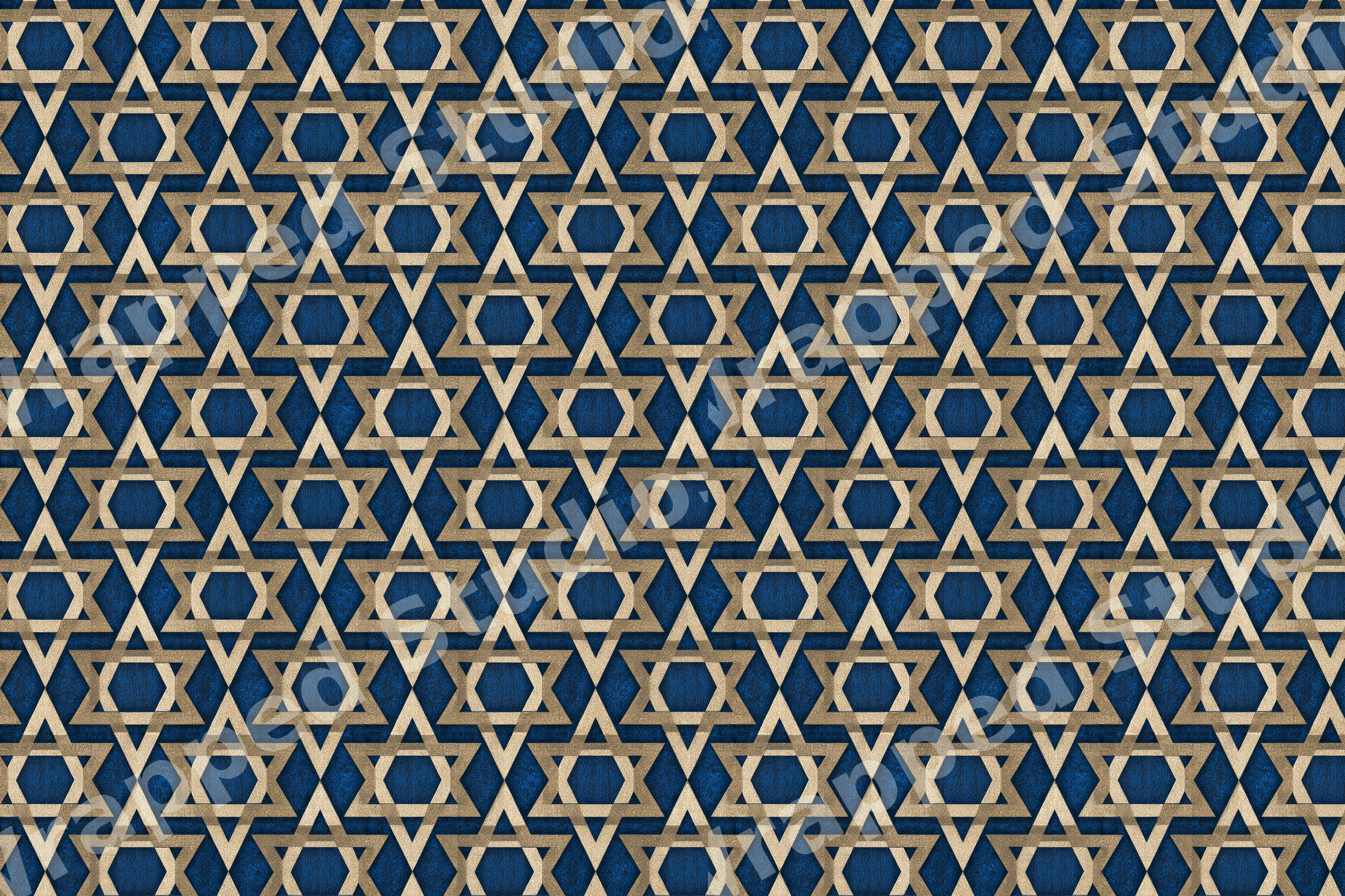 Hanukkah Star of David geometric pattern with interlocking gold stars on a textured navy blue background.