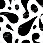 Modern abstract pattern featuring bold black organic blobs and drops on a white background.