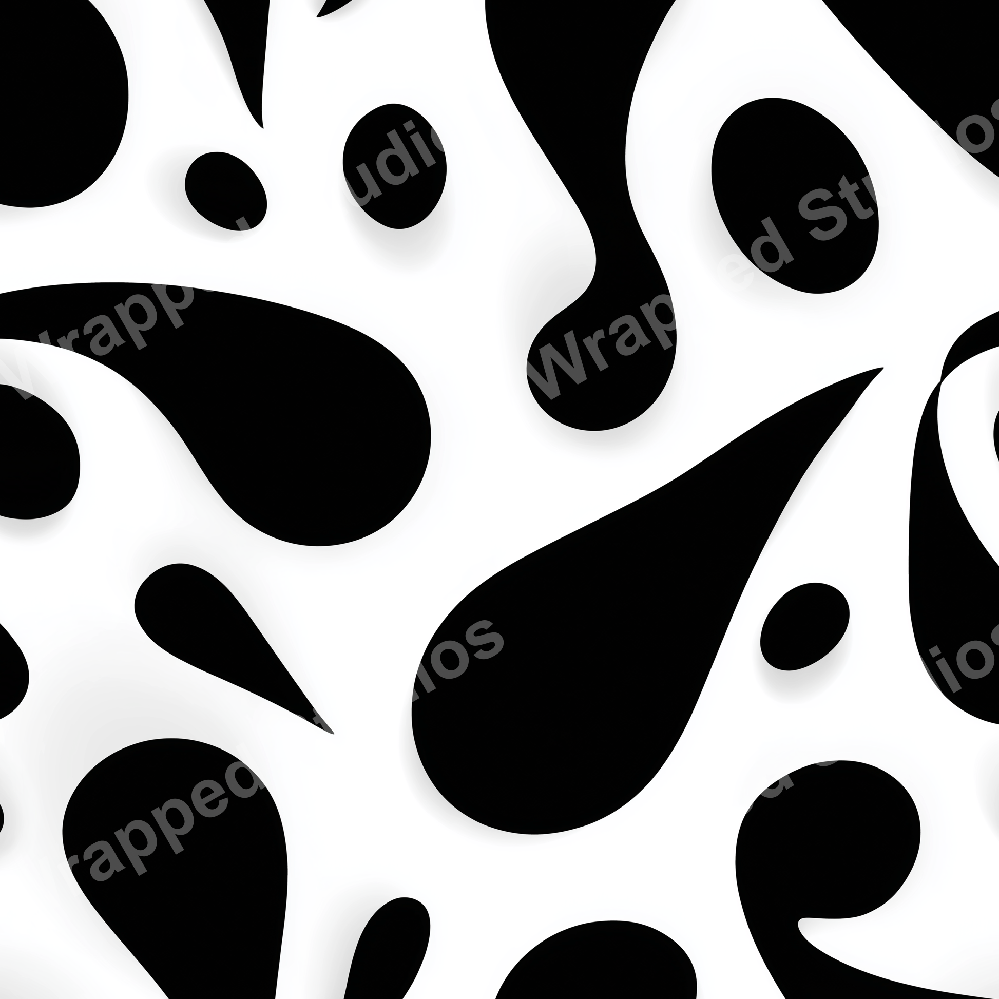 Modern abstract pattern featuring bold black organic blobs and drops on a white background.