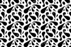Bold black and white abstract pattern with retro-style organic teardrop and dot shapes.