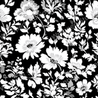 Monochrome floral pattern with white blossoms and foliage on a black background.