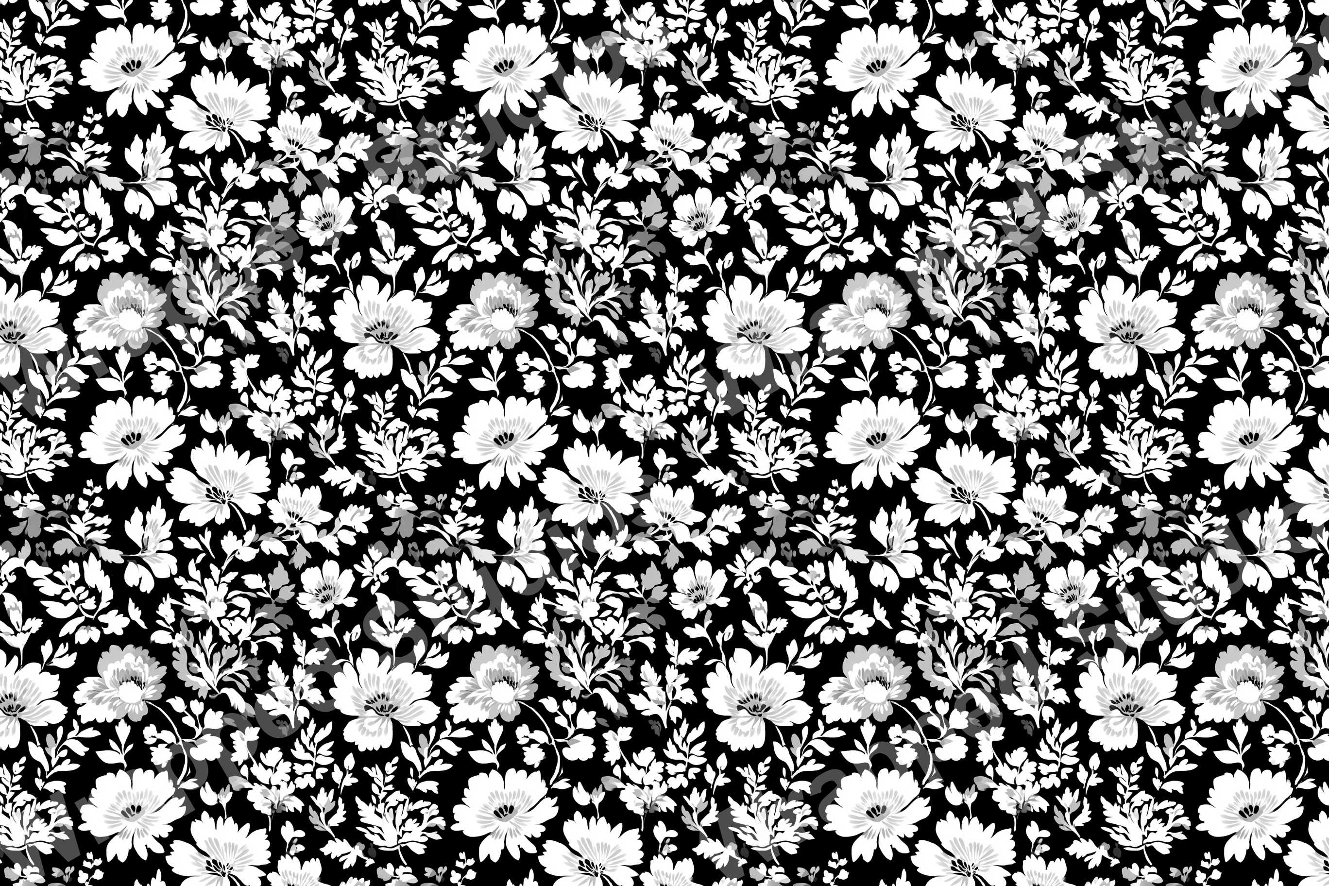 Monochrome floral pattern with white blossoms and foliage on a dark black ground.
