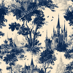 Vintage blue and cream toile de jouy pattern featuring fairytale castles and forest trees.