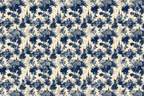 Vintage navy blue and cream toile pattern featuring gothic castles and forest trees.