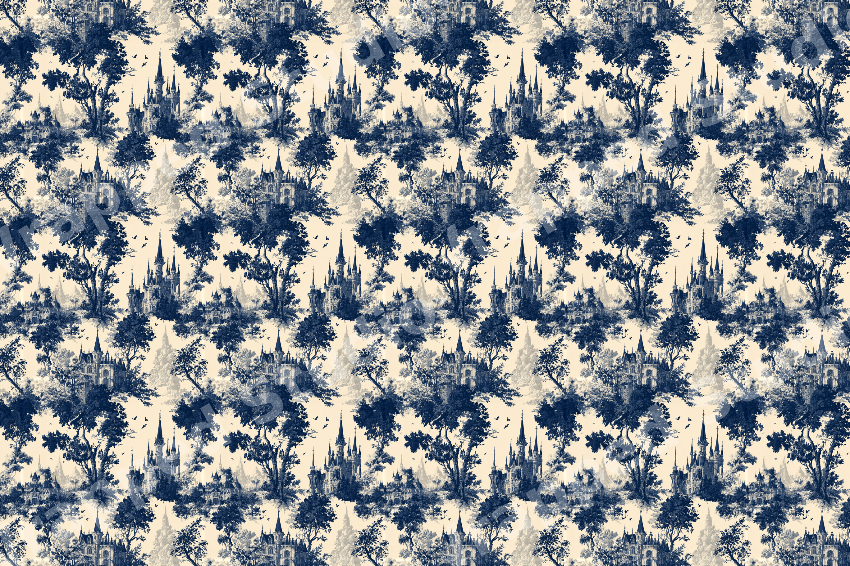 Vintage navy blue and cream toile pattern featuring gothic castles and forest trees.