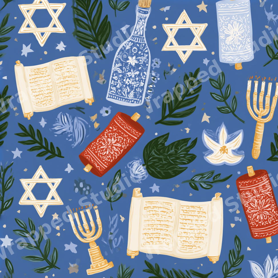 Hanukkah pattern featuring illustrated Star of David, menorahs, Torah scrolls, and green leaves on blue.