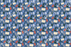 Blue Hanukkah pattern with illustrated menorahs, Stars of David, Torah scrolls, and botanical leaves.