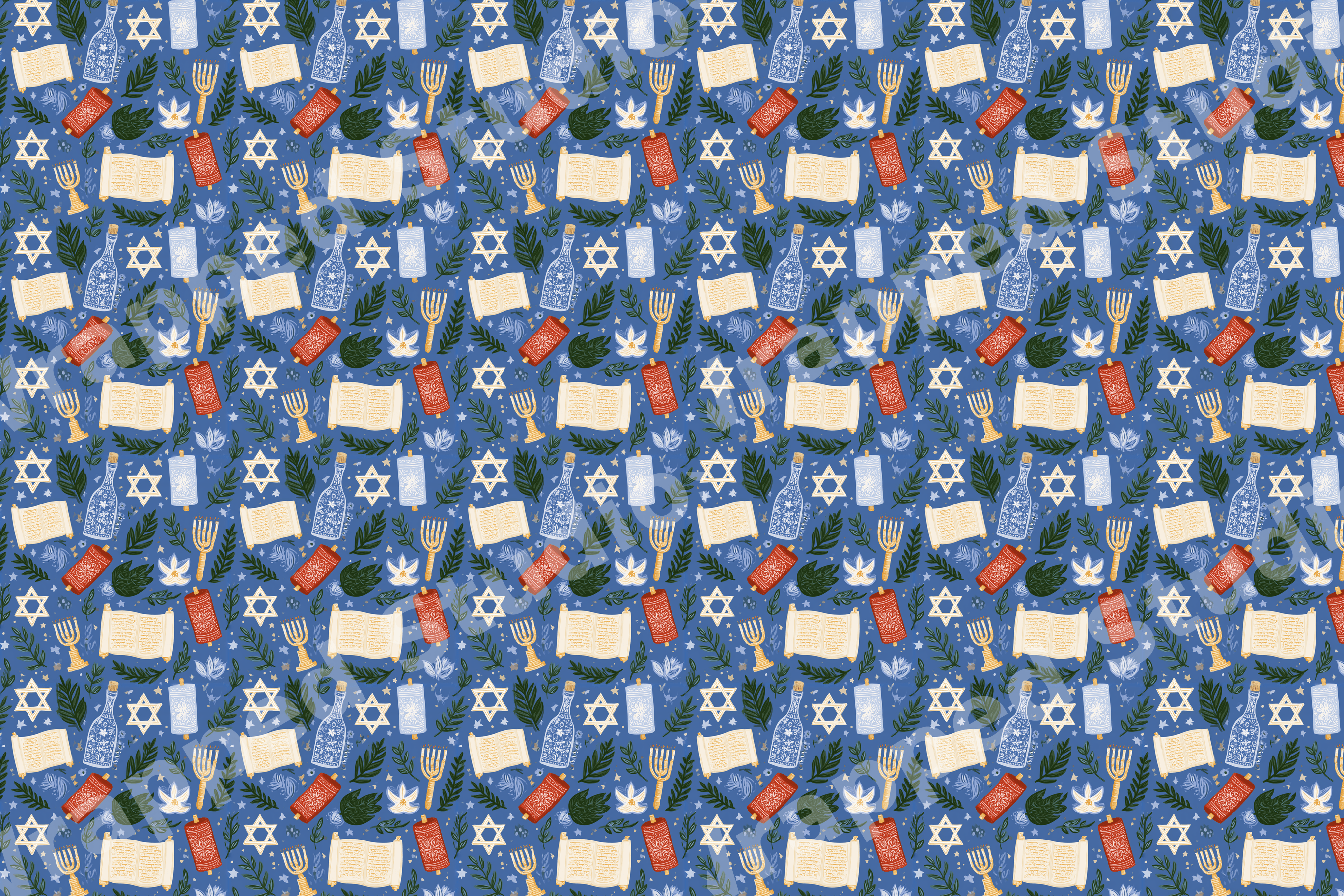 Blue Hanukkah pattern with illustrated menorahs, Stars of David, Torah scrolls, and botanical leaves.