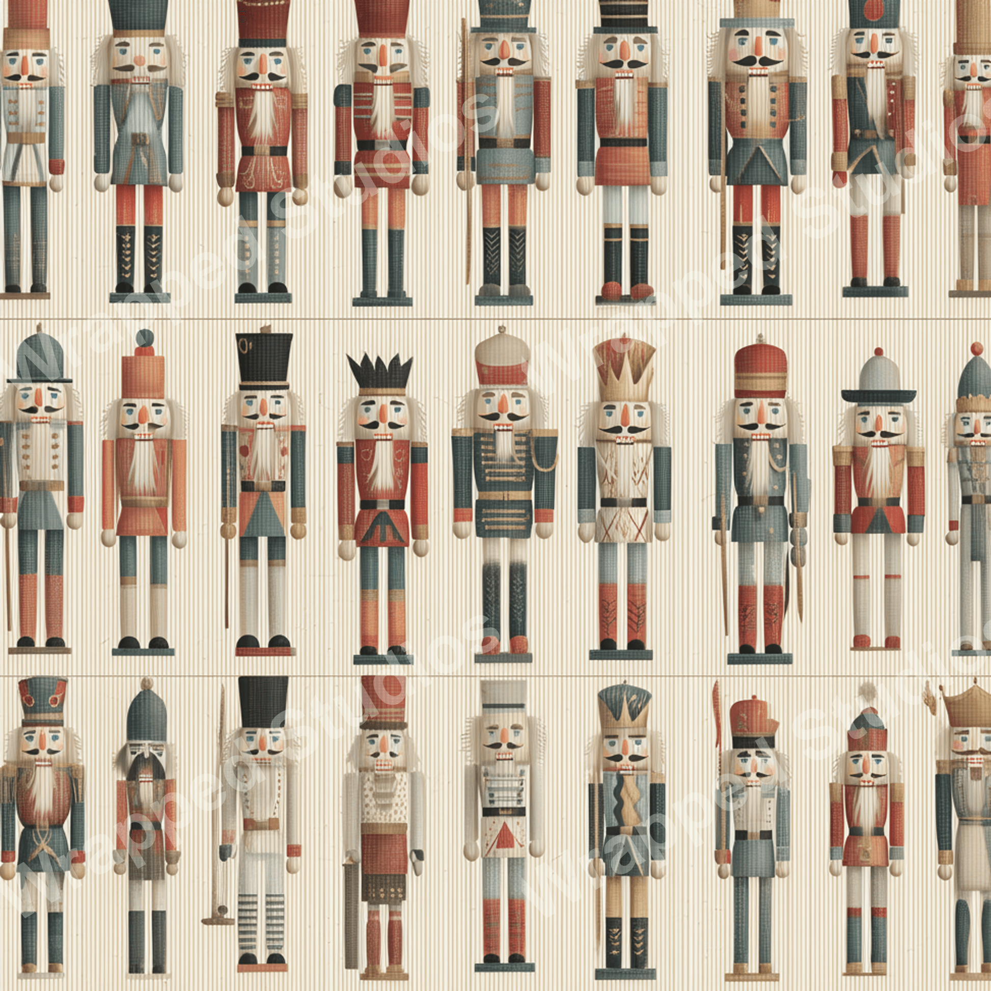 Festive nutcracker pattern design in rows, featuring red, blue, and beige hues.