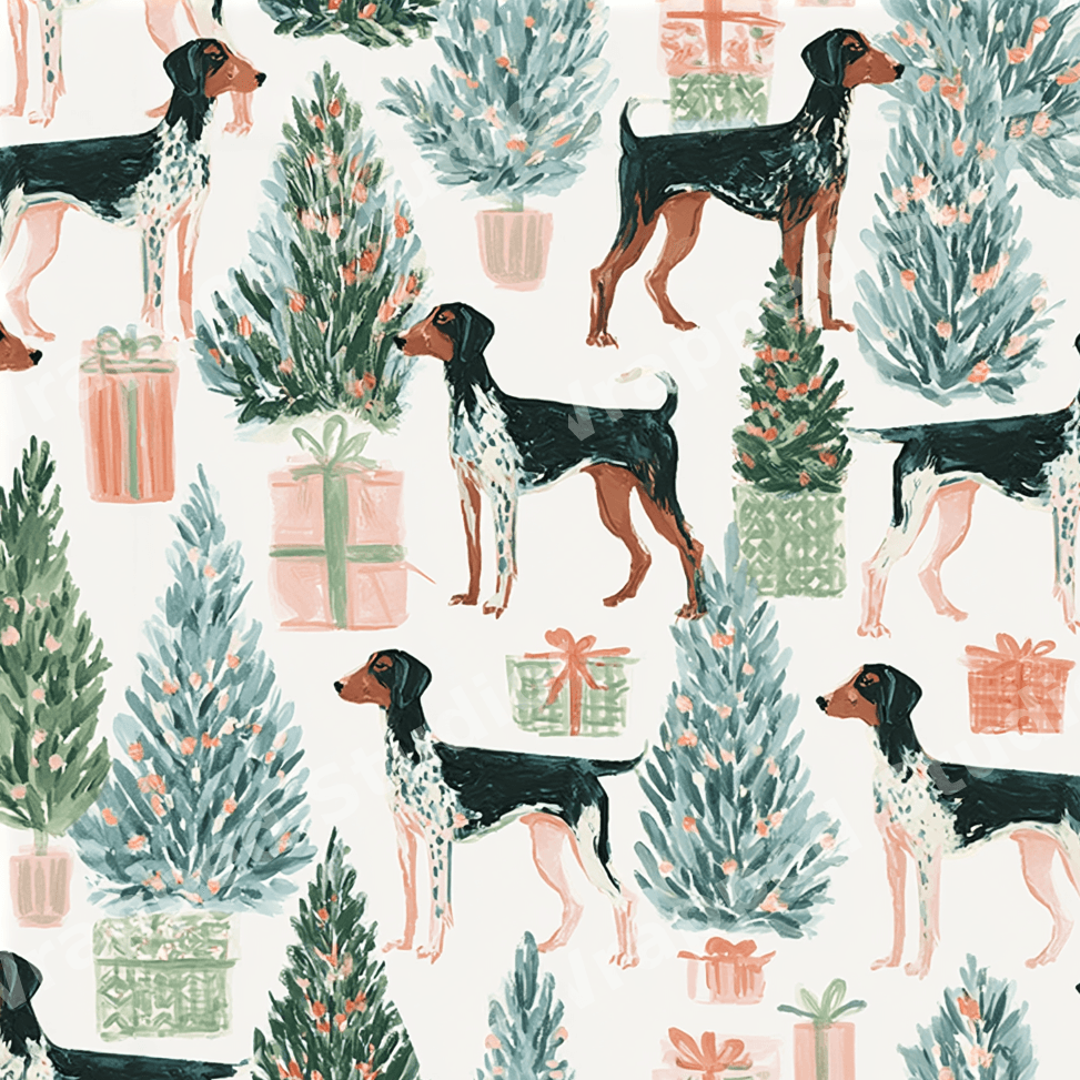 Festive holiday dog pattern with watercolor pointer dogs and hand-painted Christmas trees.
