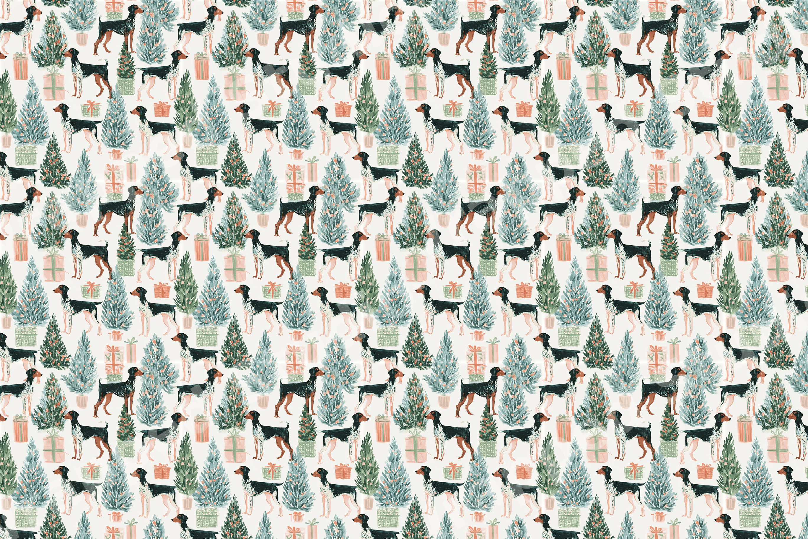 Watercolor Christmas pattern with German Shorthaired Pointer dogs and holiday pine trees on cream.