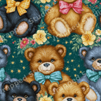 Cute vintage teddy bear pattern with yellow flowers and gold stars on a dark teal background.