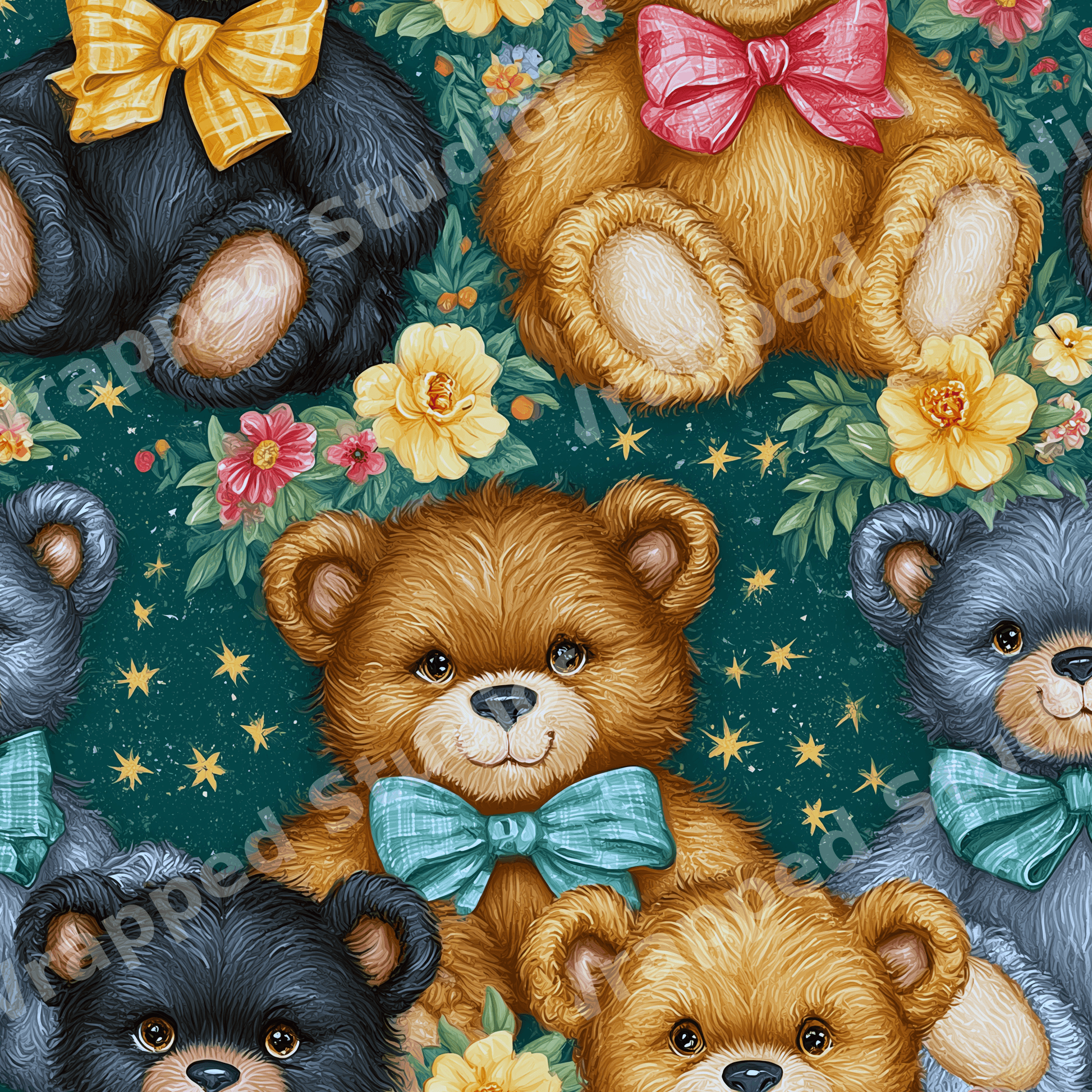 Cute vintage teddy bear pattern with yellow flowers and gold stars on a dark teal background.