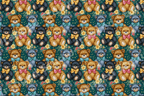 Playful vintage teddy bear pattern with colorful illustrated bears on a dark green floral background.