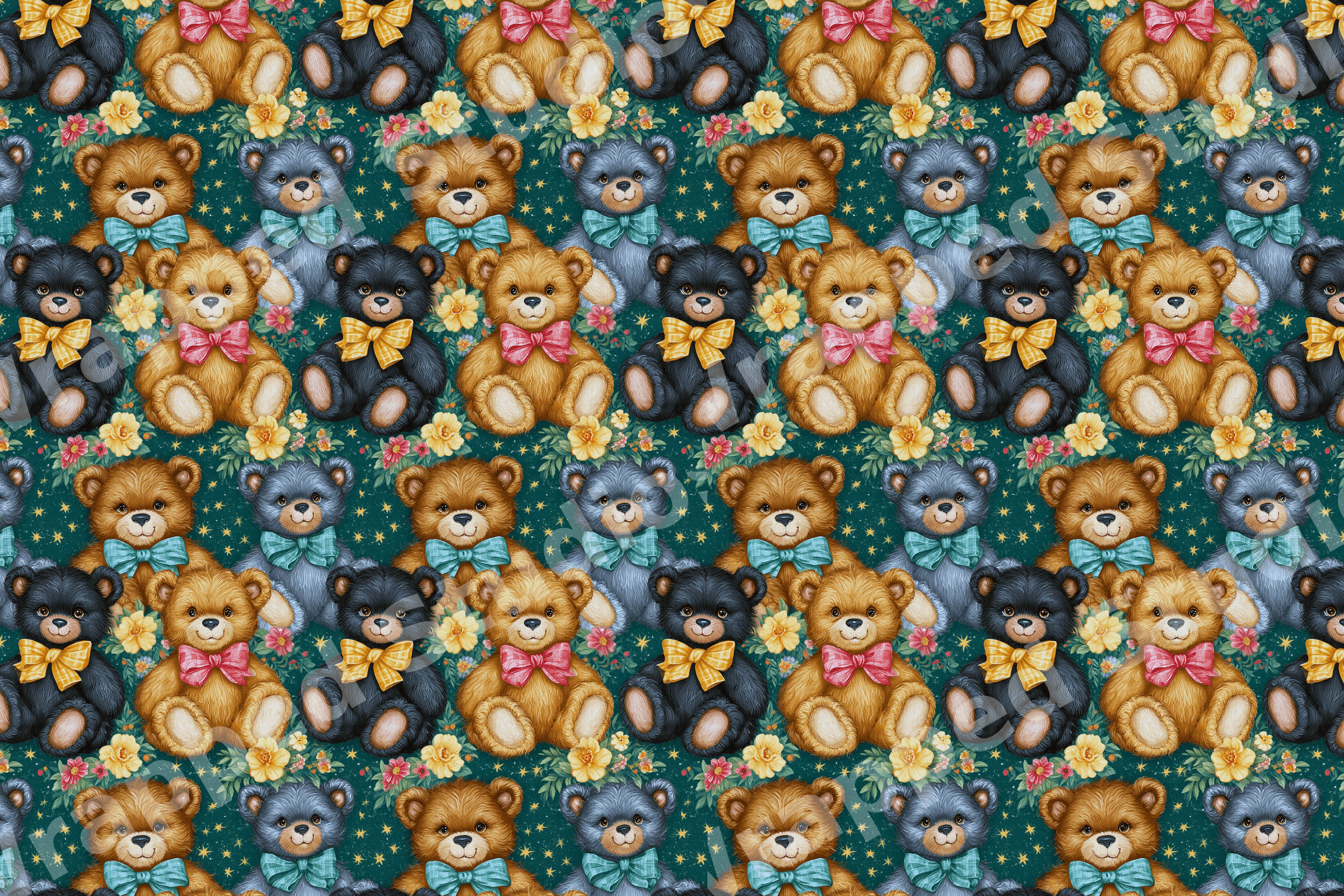 Playful vintage teddy bear pattern with colorful illustrated bears on a dark green floral background.