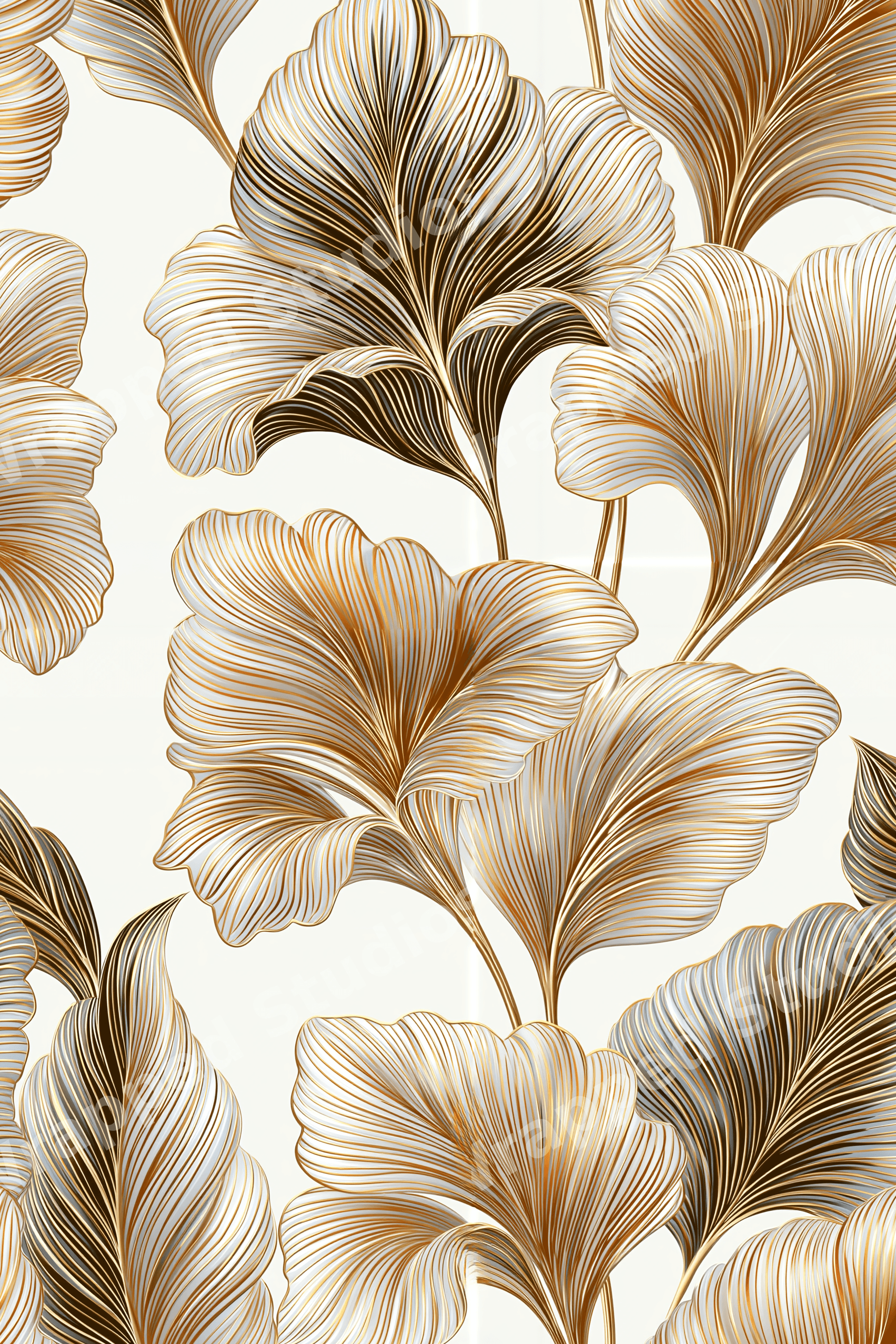 Elegant gold ginkgo leaf botanical pattern with metallic line art on a white background.