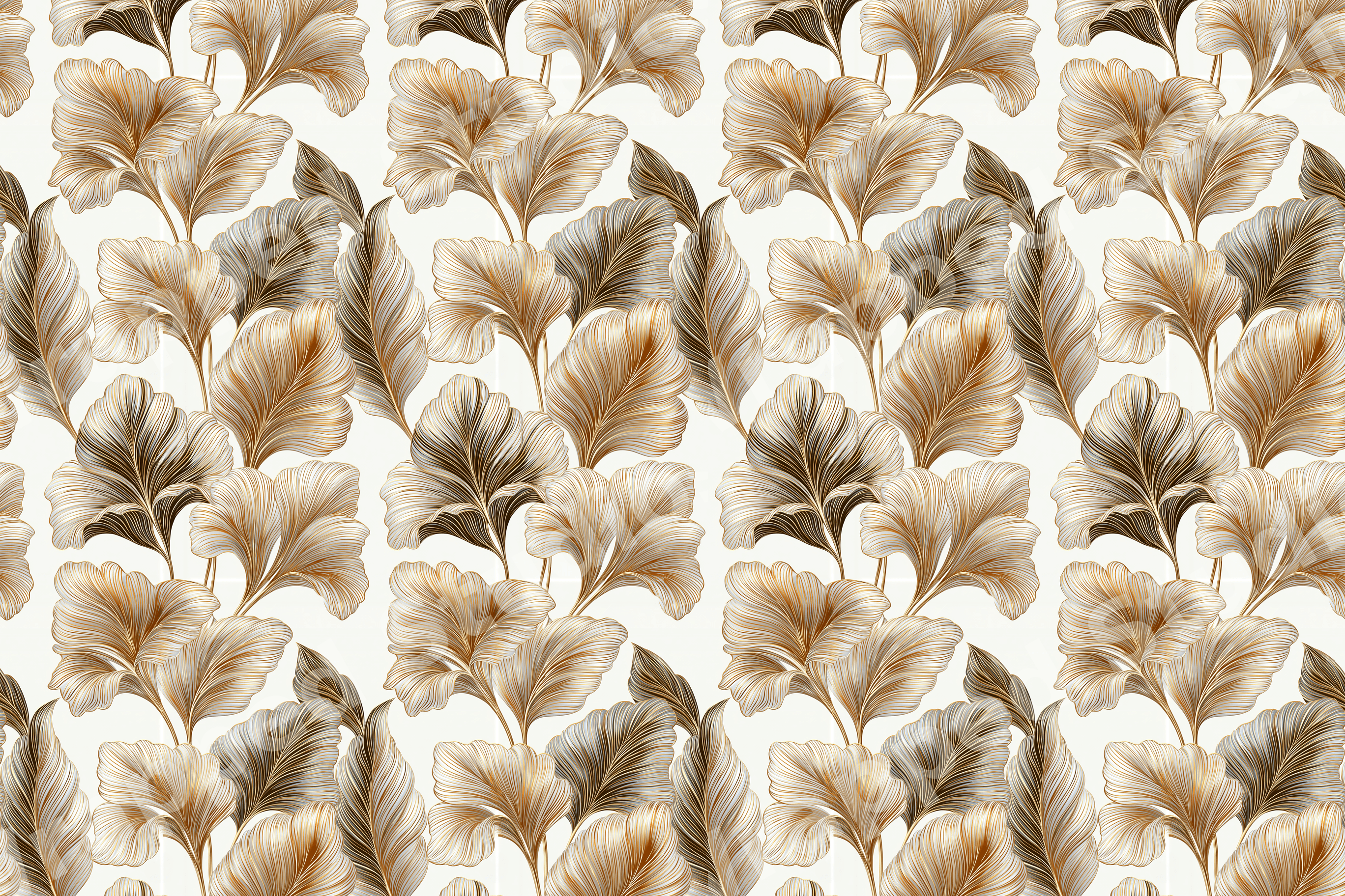 Elegant seamless Art Deco botanical pattern with golden and bronze ginkgo leaves on a cream background.