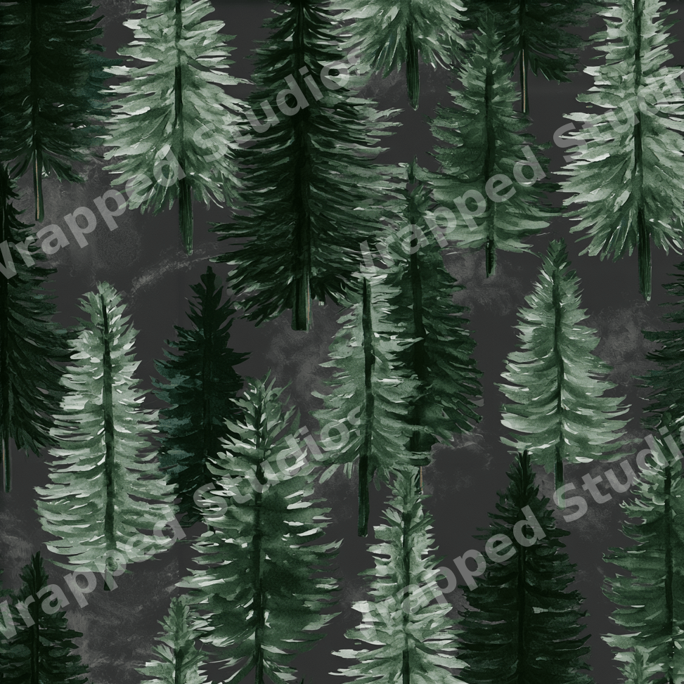 Seamless watercolor pine forest pattern with green evergreen trees on a dark grey background.