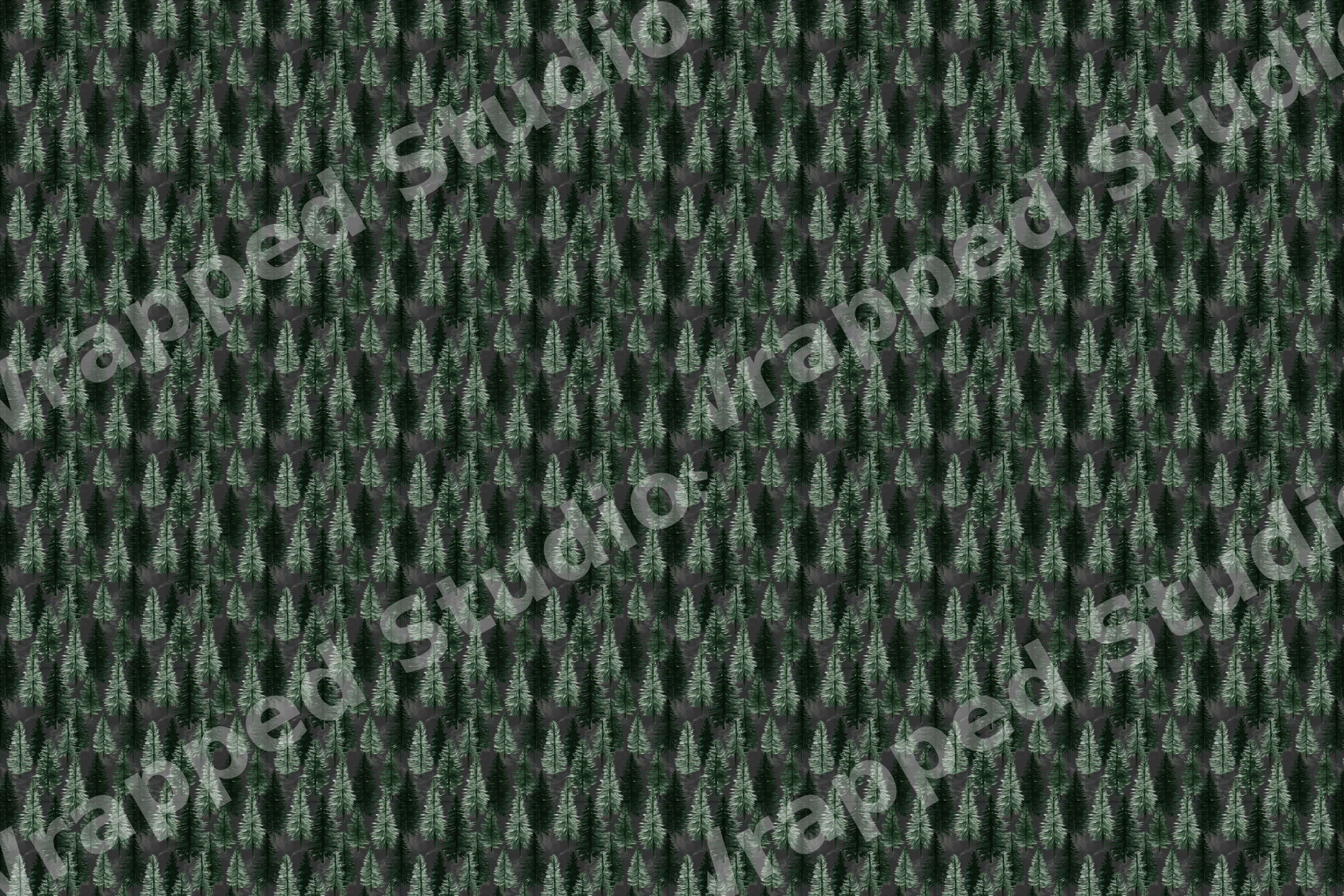 Moody watercolor pine forest pattern with dark green evergreen trees on a charcoal background.