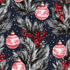 Festive Christmas pattern with vintage red ornaments, snowy pine branches, and red berries on navy blue.