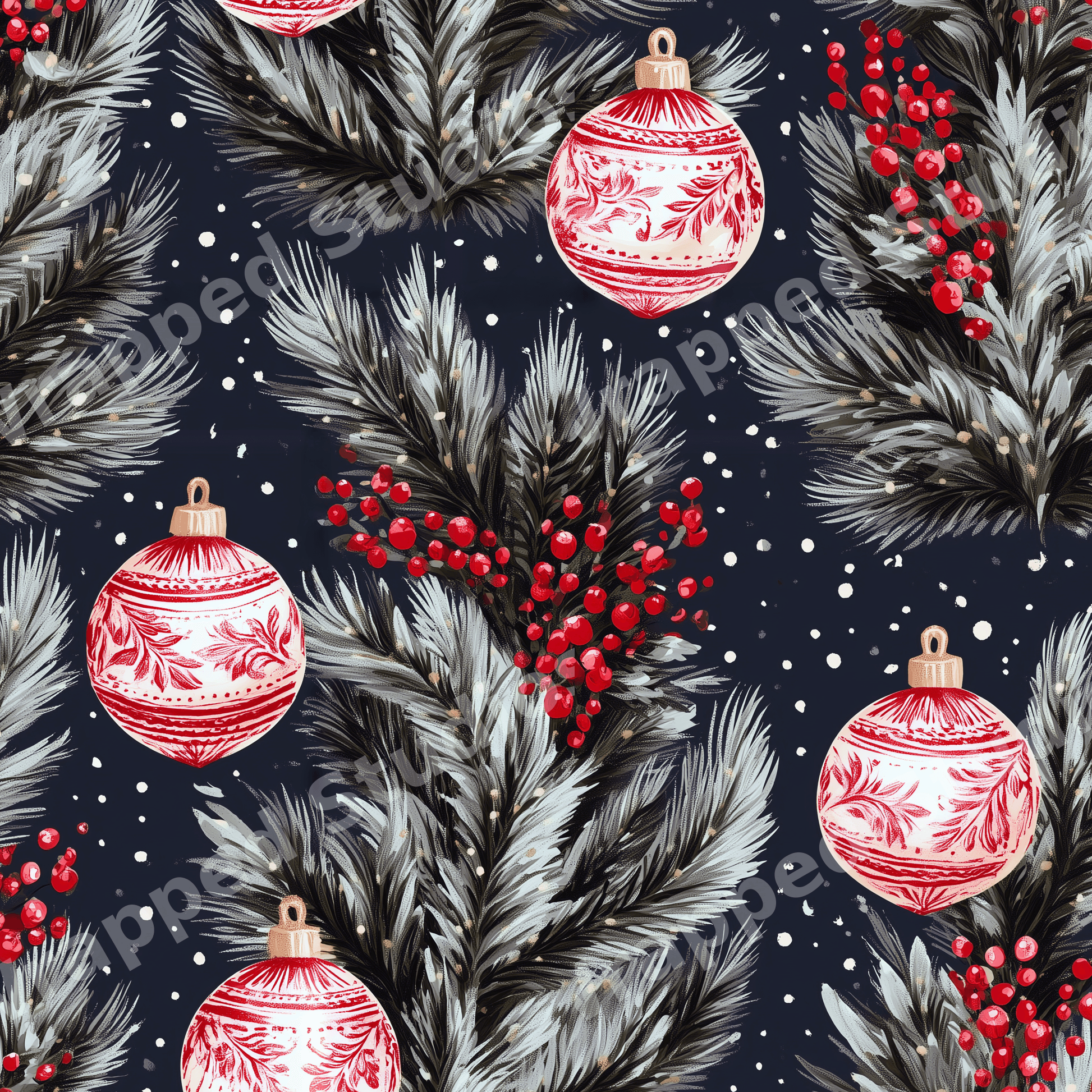 Festive Christmas pattern with vintage red ornaments, snowy pine branches, and red berries on navy blue.