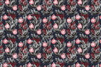 Vintage Christmas botanical pattern featuring red ornaments and pine branches on a dark navy background.