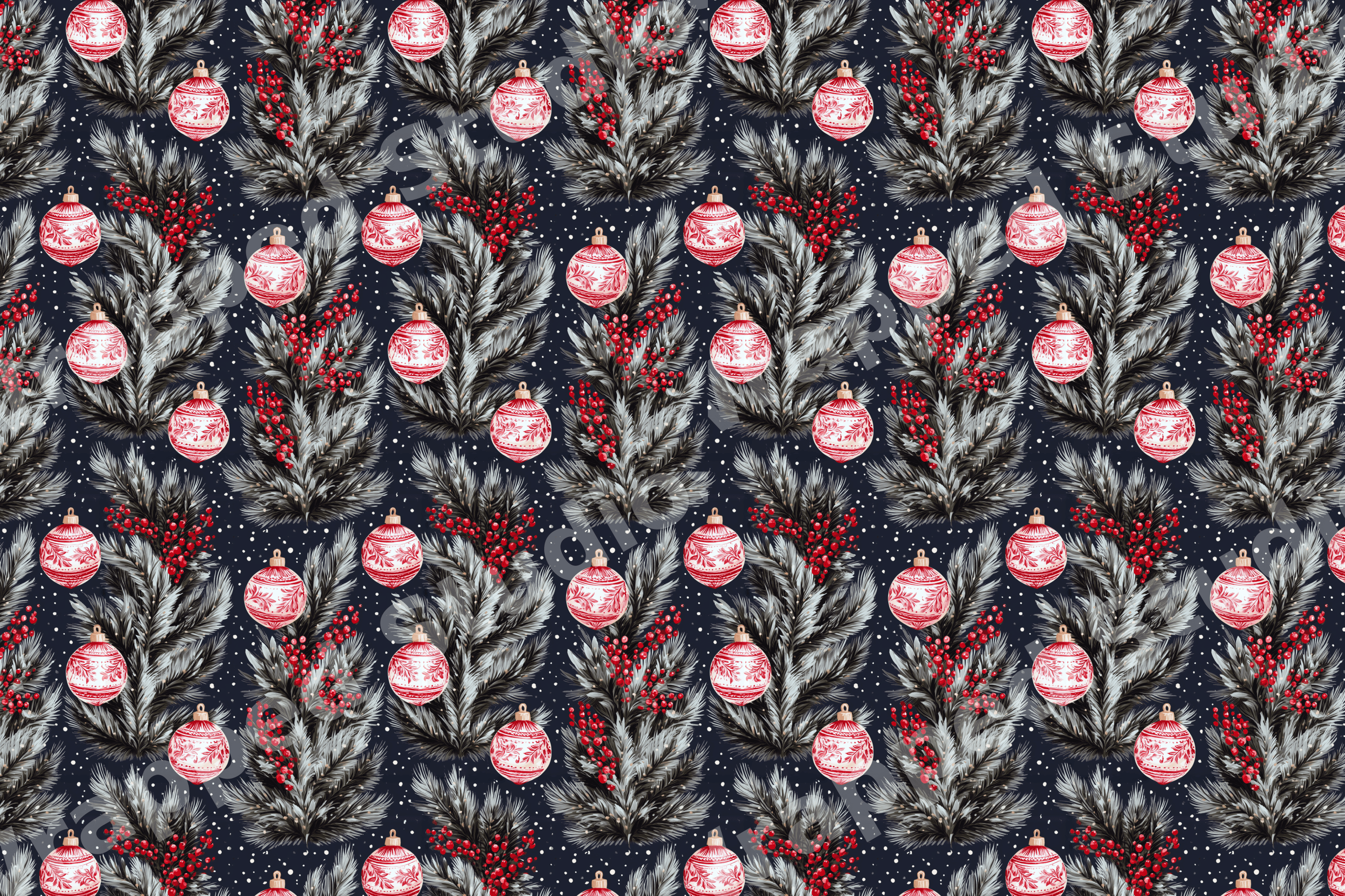 Vintage Christmas botanical pattern featuring red ornaments and pine branches on a dark navy background.