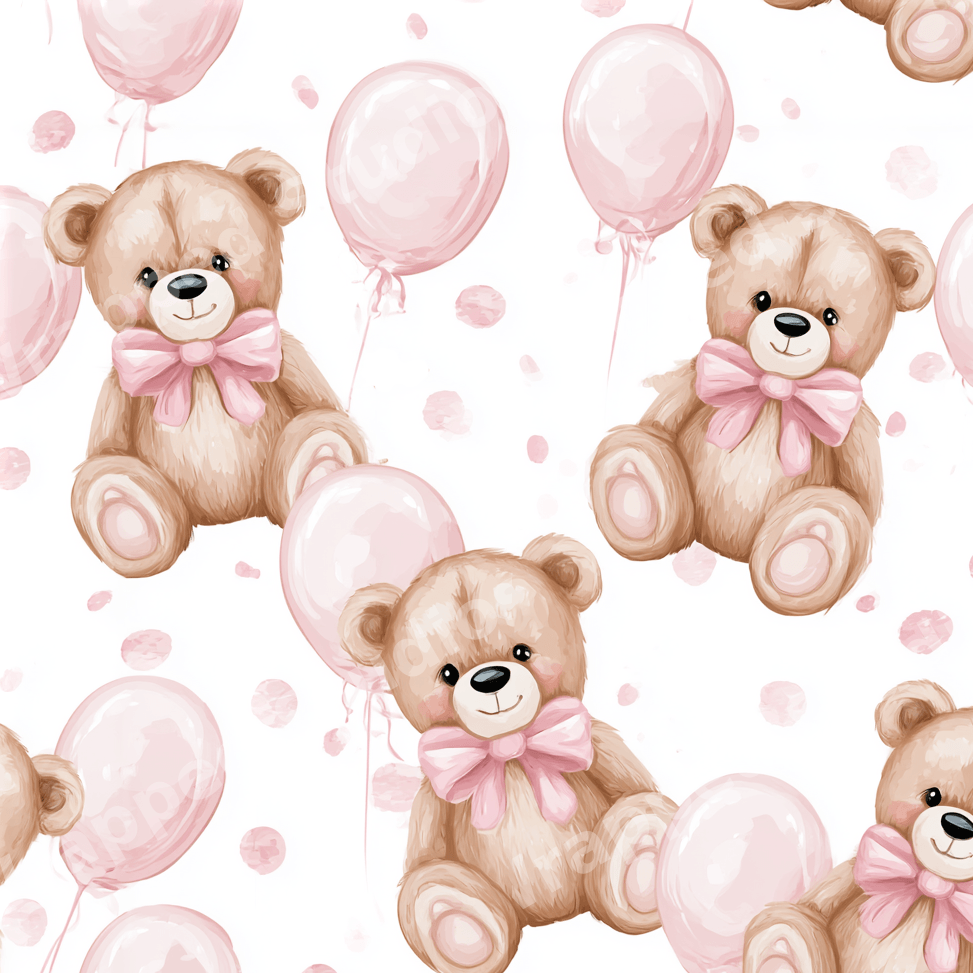 Cute watercolor teddy bear pattern with soft pink balloons for nursery and baby shower designs.