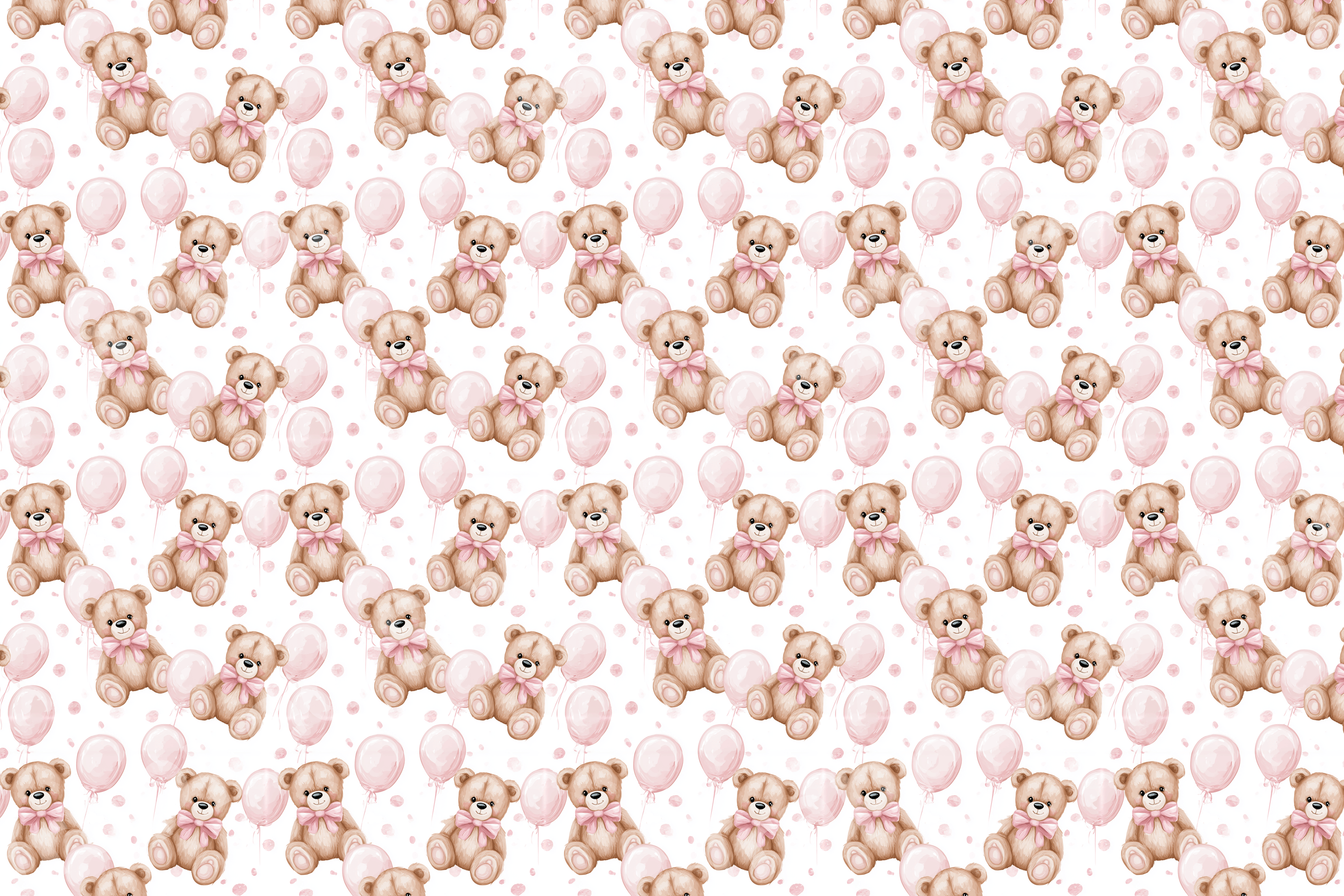Watercolor teddy bear and pink balloon pattern in a soft pastel nursery style.