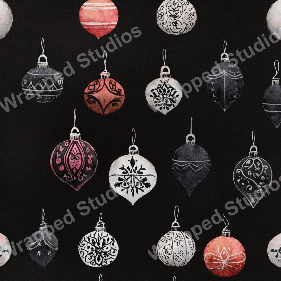 Watercolor Christmas ornament pattern with vintage baubles in red, black, and white on a dark background.