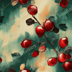 Seamless floral pattern with red berries, brown leaves, and painterly brushstrokes on a mottled green background.