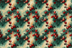 Painterly red rosehip botanical design on a teal background, seamless floral pattern.