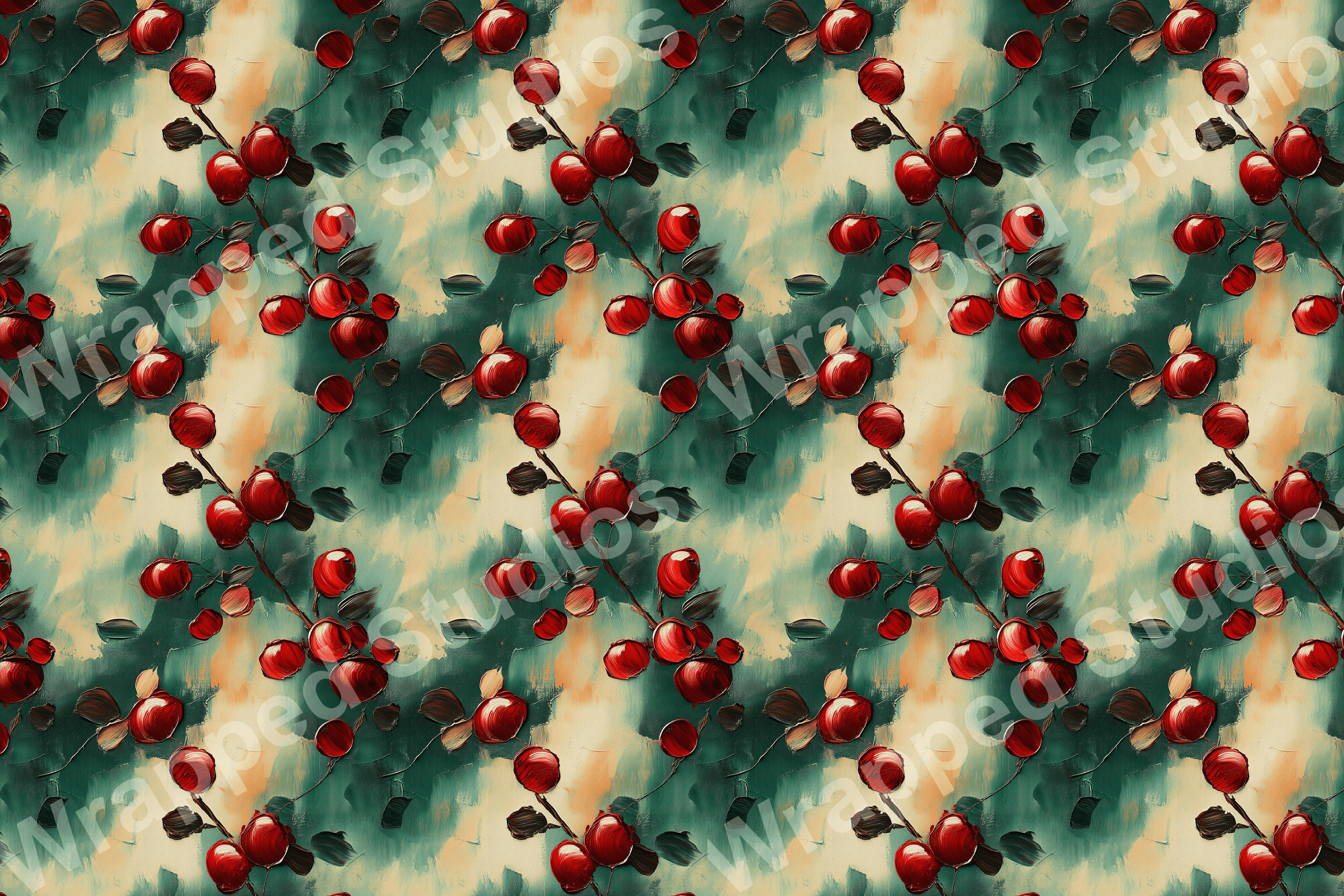 Painterly red rosehip botanical design on a teal background, seamless floral pattern.